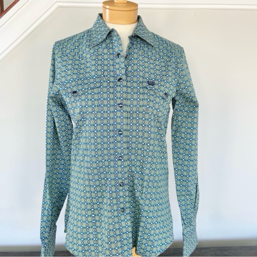 Cinch Western Long Sleeve Snap Up Geo Print Blue Lime Green Women’s Medium